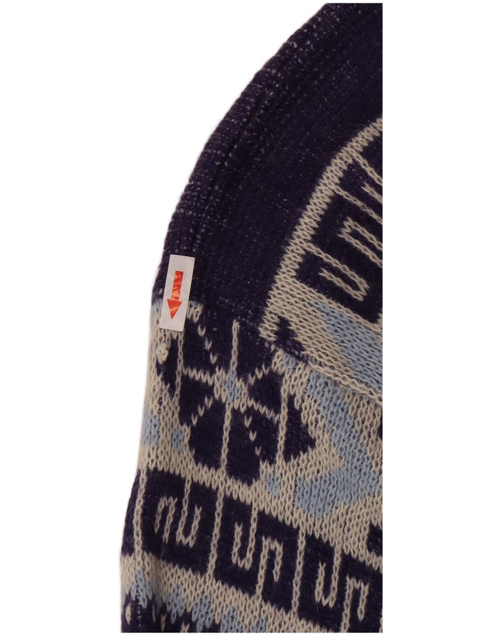 Vintage Mens Crew Neck Jumper Sweater Medium Navy Blue Geometric