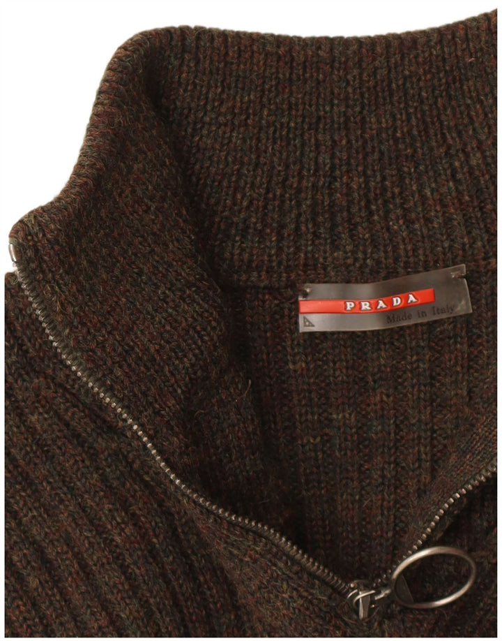 PRADA Womens Zip Neck Jumper Sweater IT 48 XL Brown Virgin Wool
