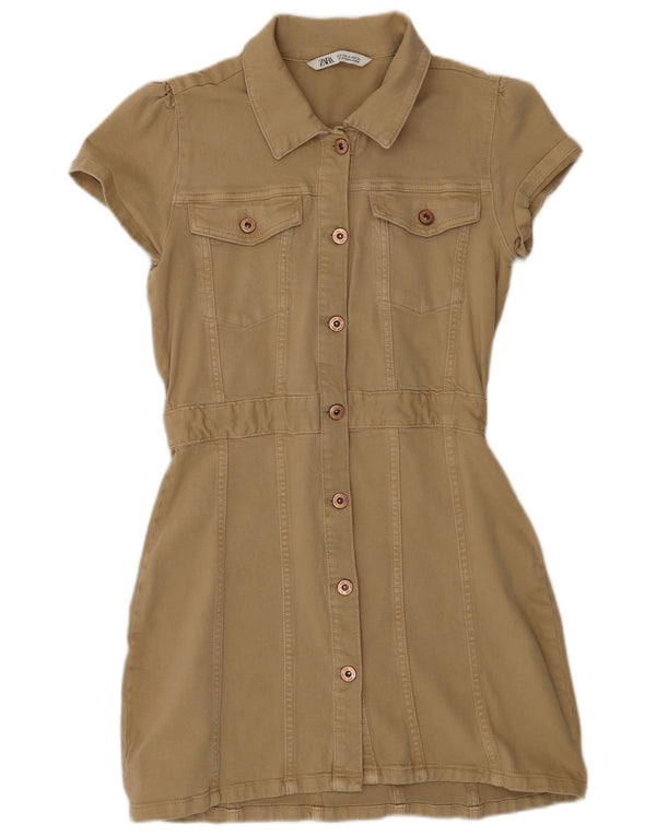 Zara Womens Short Sleeve Denim Shirt Dress UK 12 Medium Beige Cotton