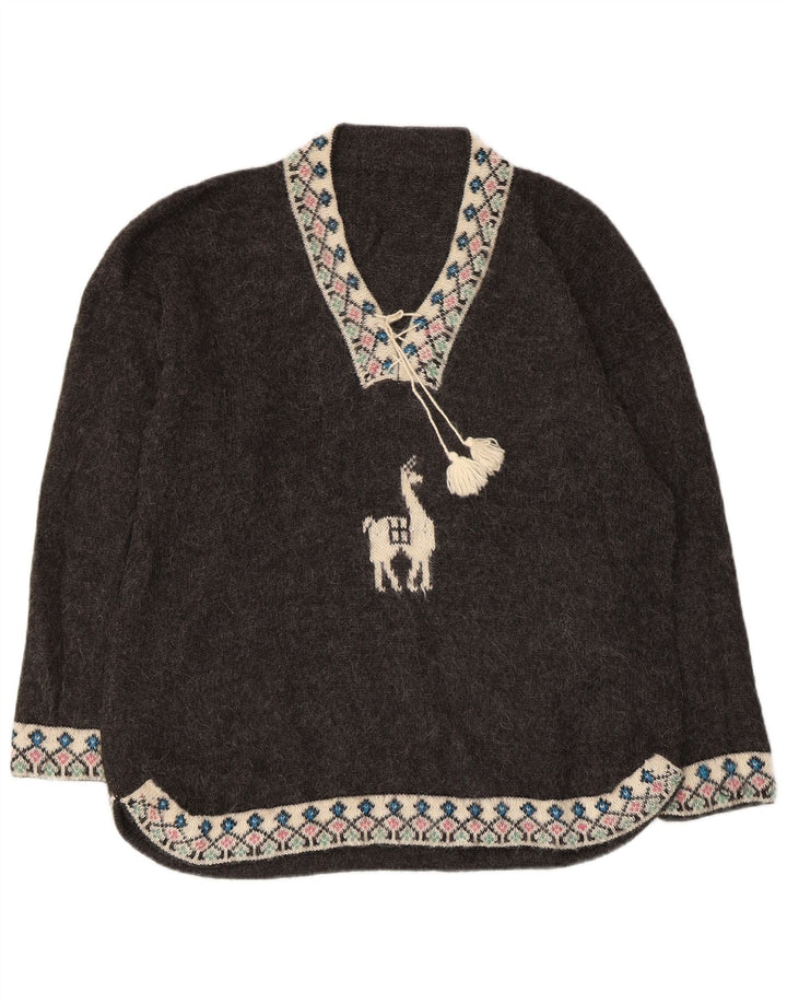 VINTAGE Womens Oversized V-Neck Jumper Sweater UK 18 XL Grey Fair Isle