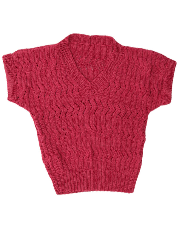 Vintage Womens Short Sleeve V-Neck Jumper Sweater UK 14 Large Pink