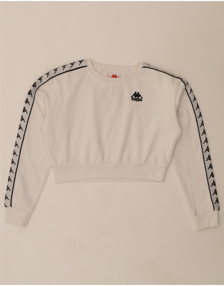 KAPPA Womens Oversized Graphic Crop Sweatshirt Jumper UK 10 Small White Vintage Kappa and Second-Hand Kappa from Messina Hembry 
