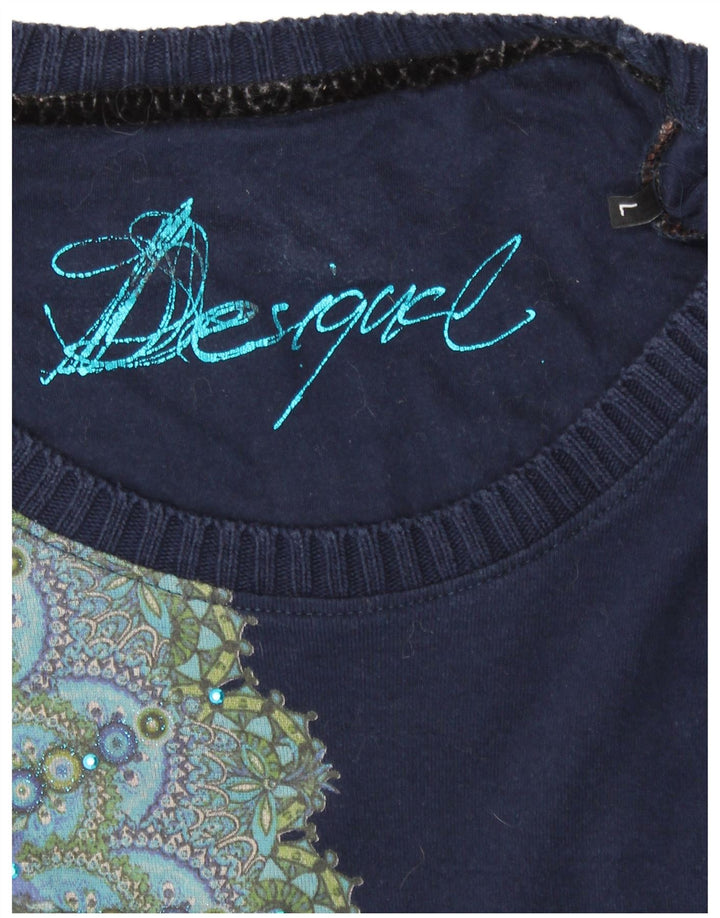 DESIGUAL Womens Graphic Top Long Sleeve UK 14 Large Blue Floral