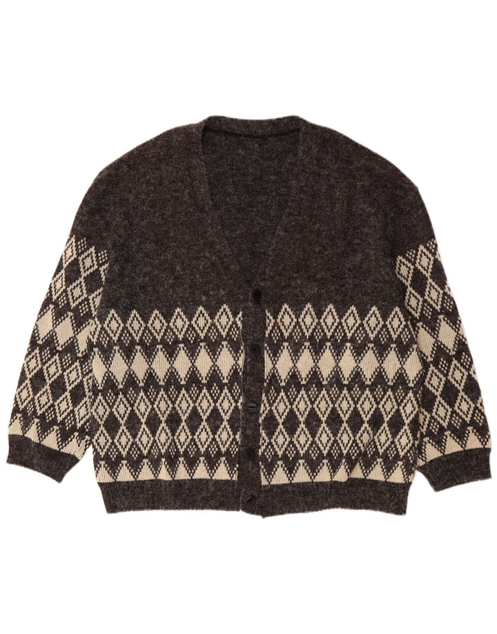VINTAGE Mens Cardigan Sweater XL Grey Argyle/Diamond
