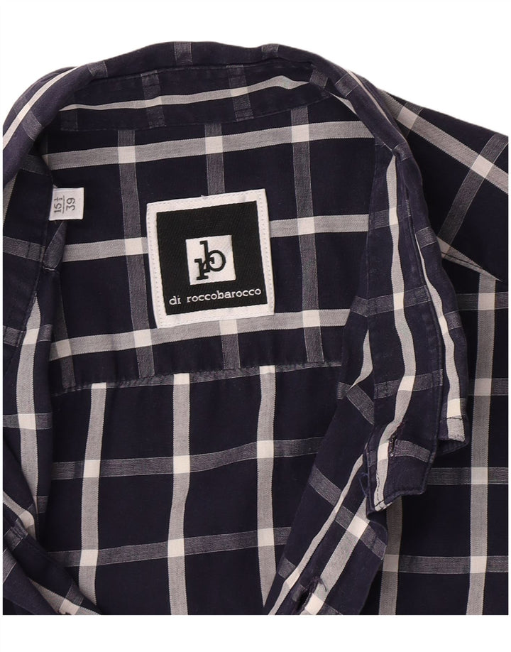 Roccobarocco Mens Short Sleeve Shirt Size 39 15 1/2 Medium Navy Blue Check