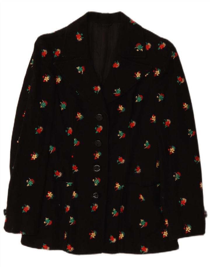VINTAGE Womens 4 Button Blazer Jacket UK 10 Small Black Floral