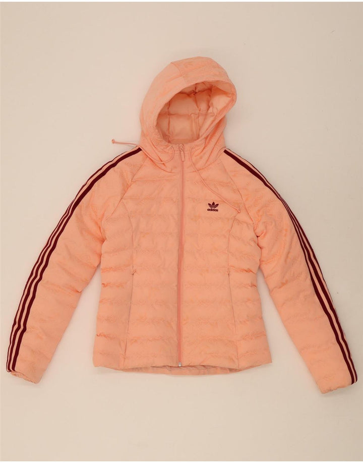 ADIDAS Womens Graphic Hooded Padded Jacket UK 12 Medium  Orange Polyester Vintage Adidas and Second-Hand Adidas from Messina Hembry 