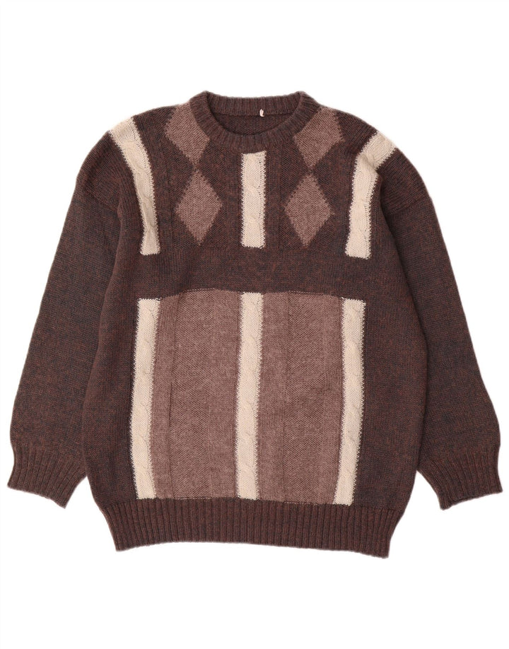 Vintage Mens Crew Neck Jumper Sweater Large Brown Geometric