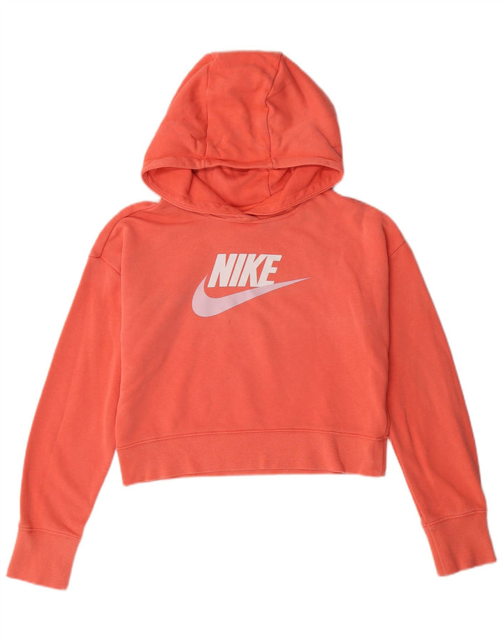 NIKE Girls Crop Graphic Hoodie Jumper 12-13 Years Large  Pink Cotton