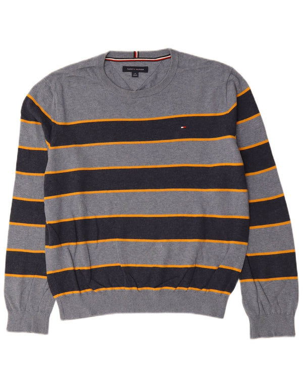 Tommy Hilfiger Mens Crew Neck Jumper Sweater Large Blue Striped Cotton