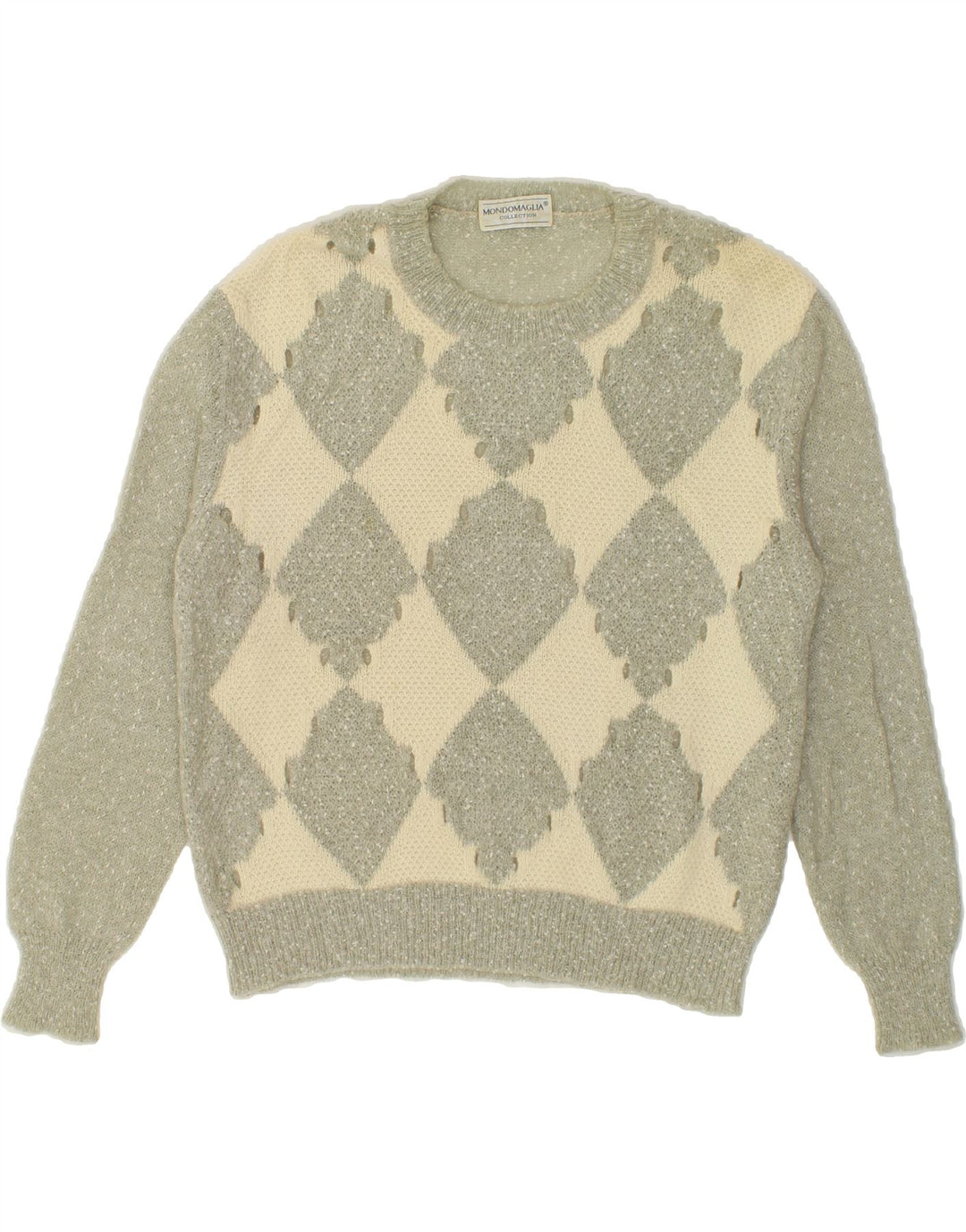 VINTAGE Womens Crew Neck Jumper Sweater IT 44 Medium Grey Argyle/Diamond Vintage Vintage and Second-Hand Vintage from Messina Hembry 