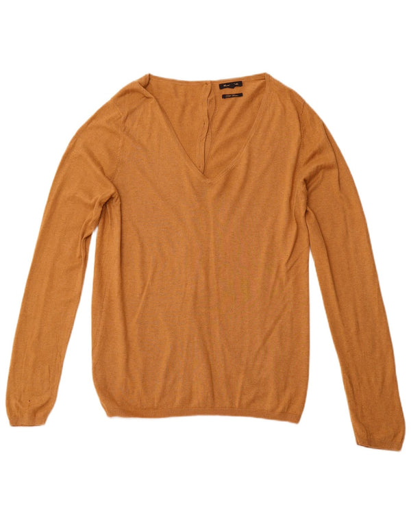 MASSIMO DUTTI Womens V-Neck Jumper Sweater UK 14 Large Brown Cotton