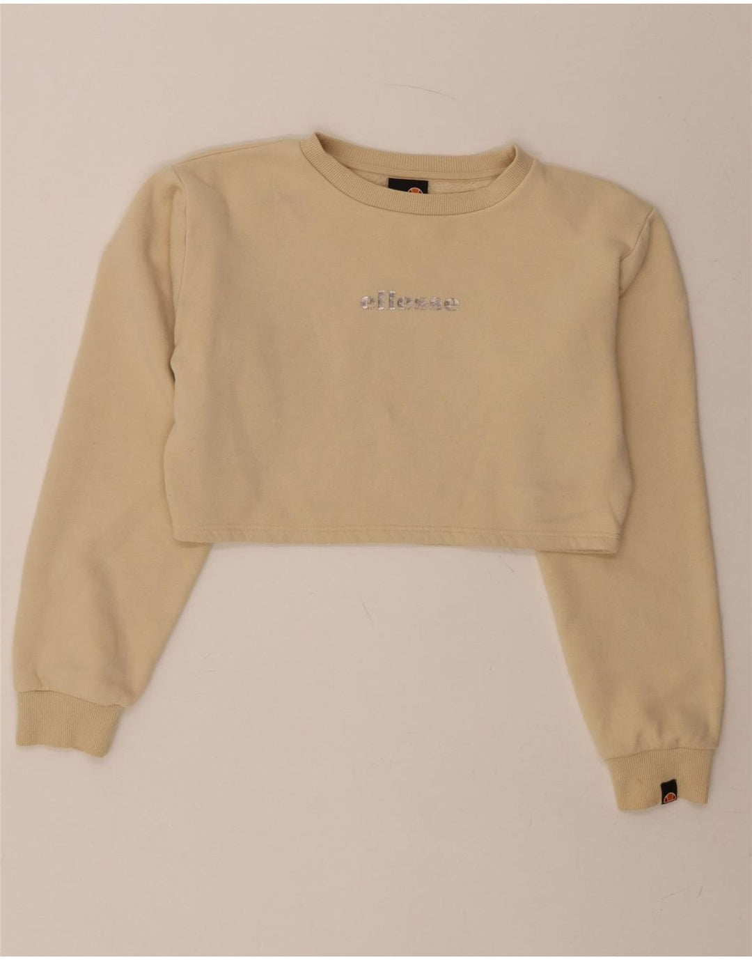 ELLESSE Womens Oversized Graphic Crop Sweatshirt Jumper UK 8 Small Beige Vintage Ellesse and Second-Hand Ellesse from Messina Hembry 
