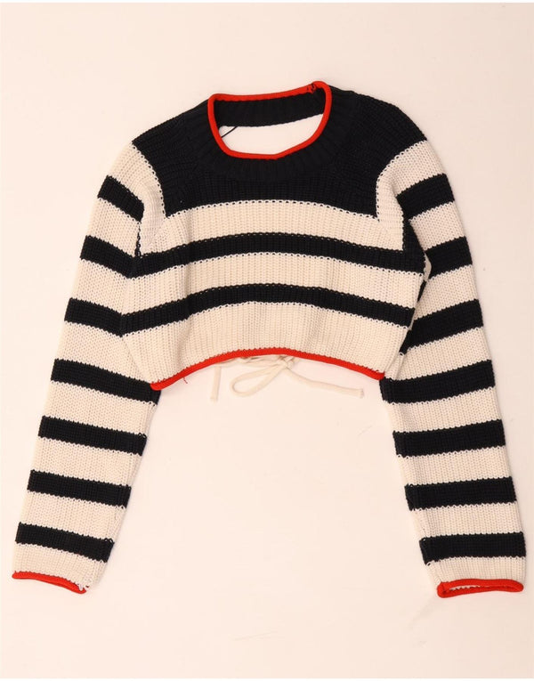 Zara Womens Crop Boat Neck Jumper Sweater UK 14 Medium Black Striped
