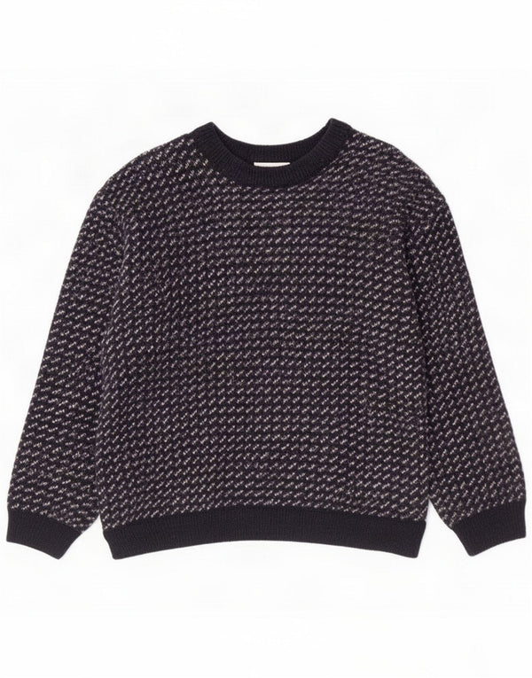 Vintage Mens Crew Neck Jumper Sweater Large Navy Blue Geometric