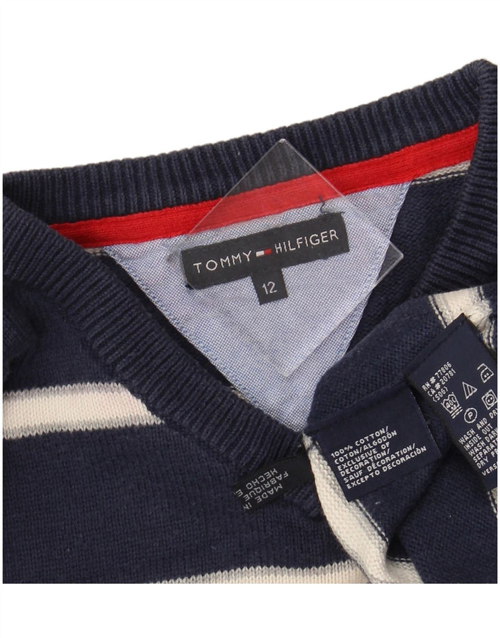 TOMMY HILFIGER Boys V-Neck Jumper Sweater 11-12 Years Navy Blue Striped