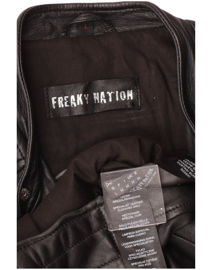 Freaky Nation Mens Leather Biker Jacket UK 38 Medium Black Leather