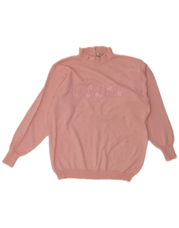 Vintage Womens Turtle Neck Jumper Sweater UK 12 Medium Pink Floral Retro