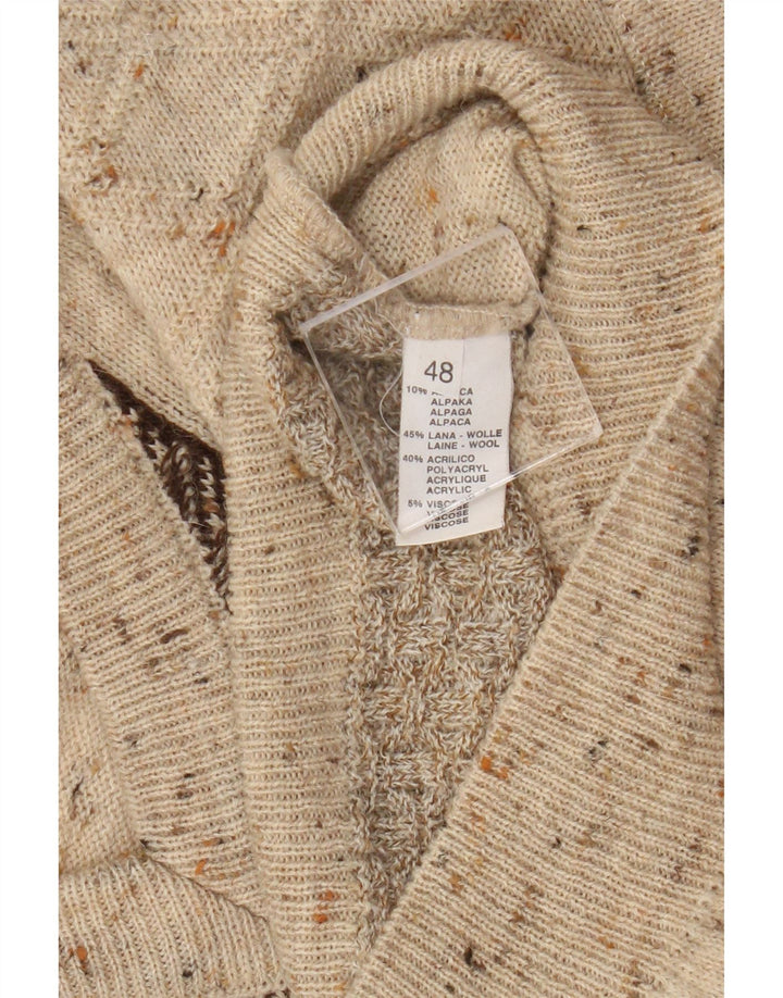 Vintage Mens V-Neck Jumper Sweater IT 48 Medium Beige Colourblock Wool