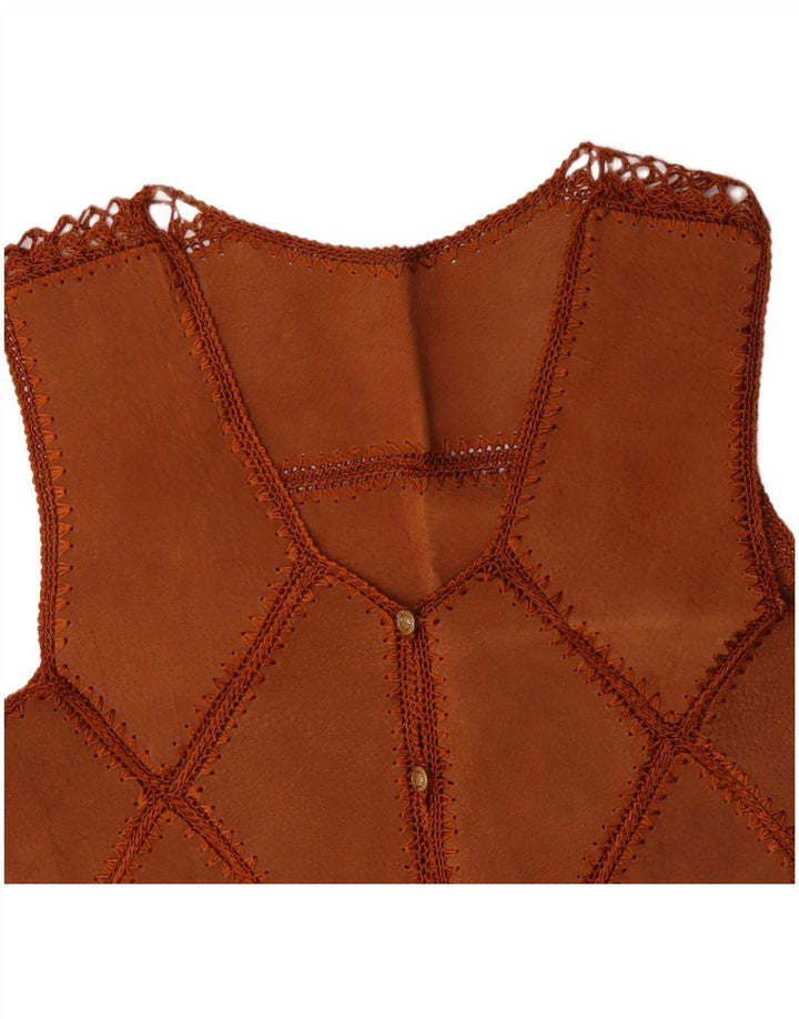 VINTAGE Womens Crop Suede Waistcoat UK 14 Medium Brown Patchwork
