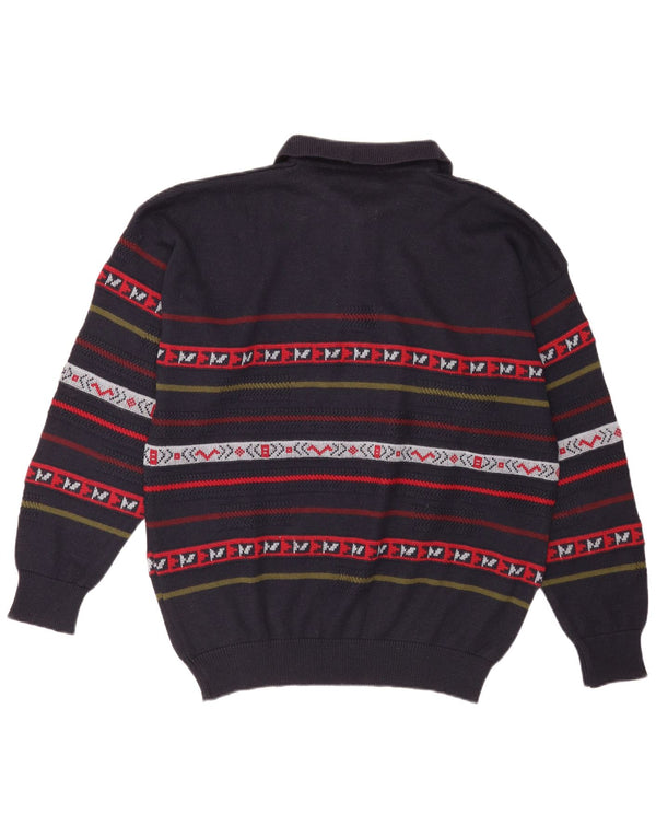 Vintage Mens Polo Neck Jumper Sweater XL Navy Blue Striped Wool