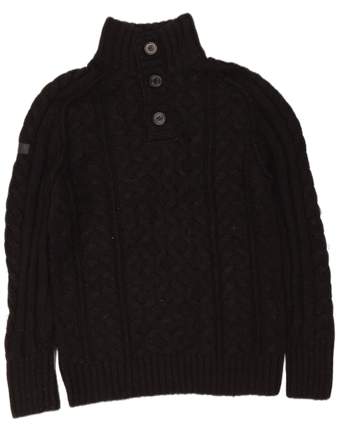 Superdry Mens Button Neck Jumper Sweater Large Black Acrylic