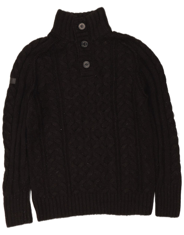 Superdry Mens Button Neck Jumper Sweater Large Black Acrylic