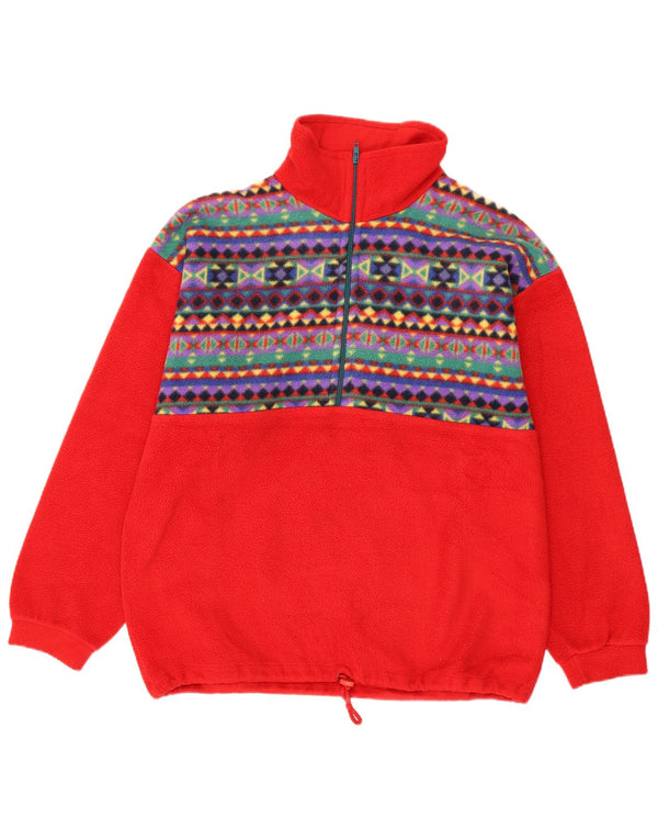 Vintage Mens Zip Neck Fleece Jumper Medium Red Geometric Polyester