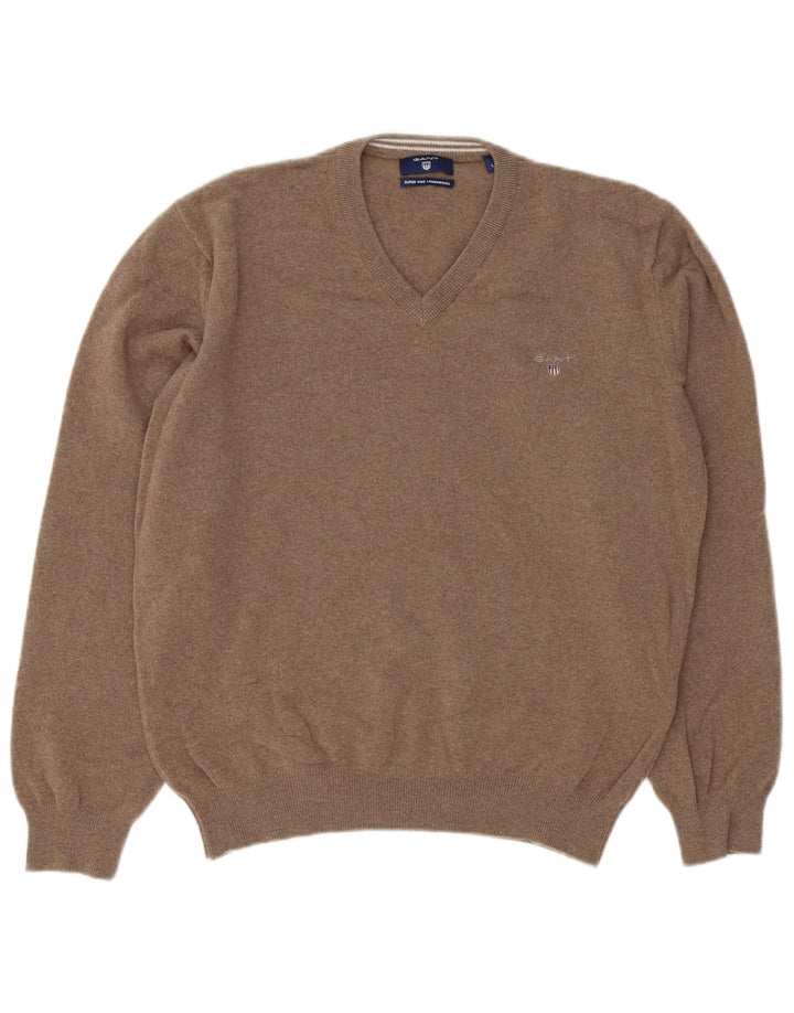 Gant Mens V-Neck Jumper Sweater Large Brown Lambswool