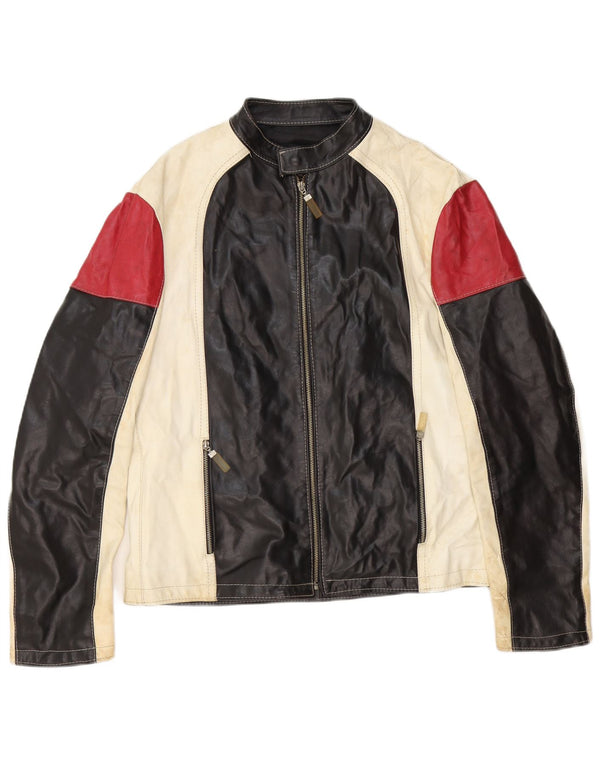 Vintage Mens Leather Racer Jacket UK 42 XL Black Colourblock