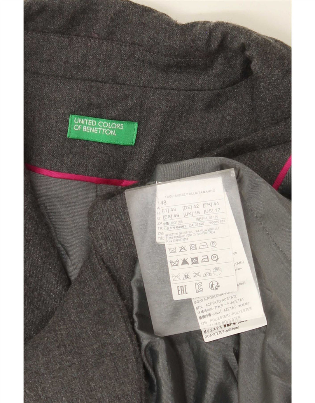 Benetton Womens 2 Button Blazer Jacket UK 16 Large Grey Wool