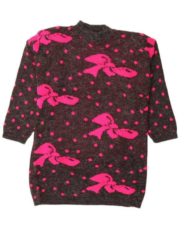 Vintage Womens Graphic Turtle Neck Jumper Sweater UK 16 Large Grey Spotted