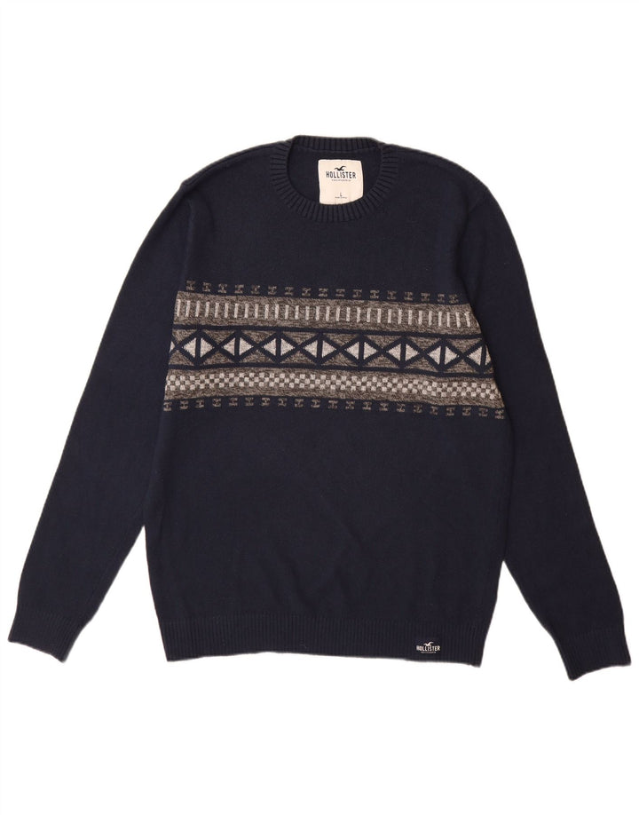 Hollister Mens Crew Neck Jumper Sweater Large Navy Blue Argyle/Diamond