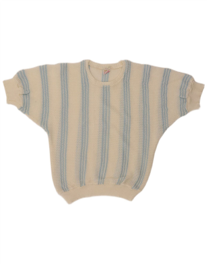 VINTAGE Womens Boat Neck Jumper Sweater UK 12 Medium Off White Striped