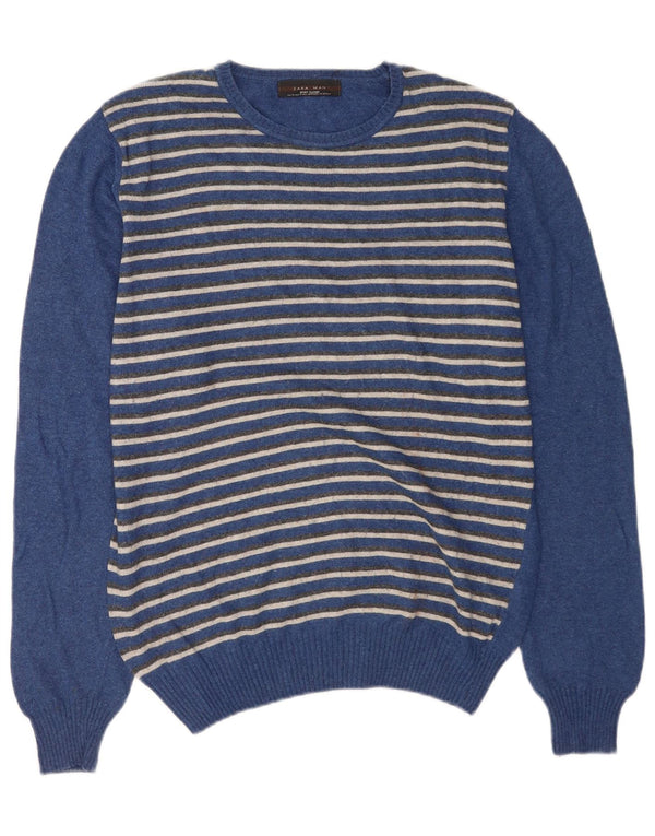 Zara Mens Crew Neck Jumper Sweater Medium Blue Striped Viscose
