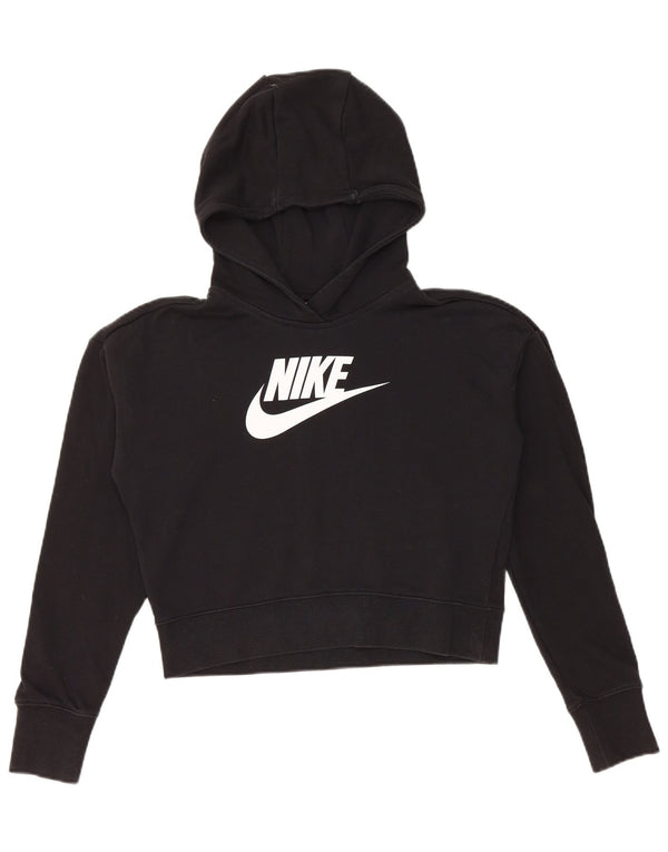 NIKE Girls Crop Graphic Hoodie Jumper 13-14 Years XL Black Cotton