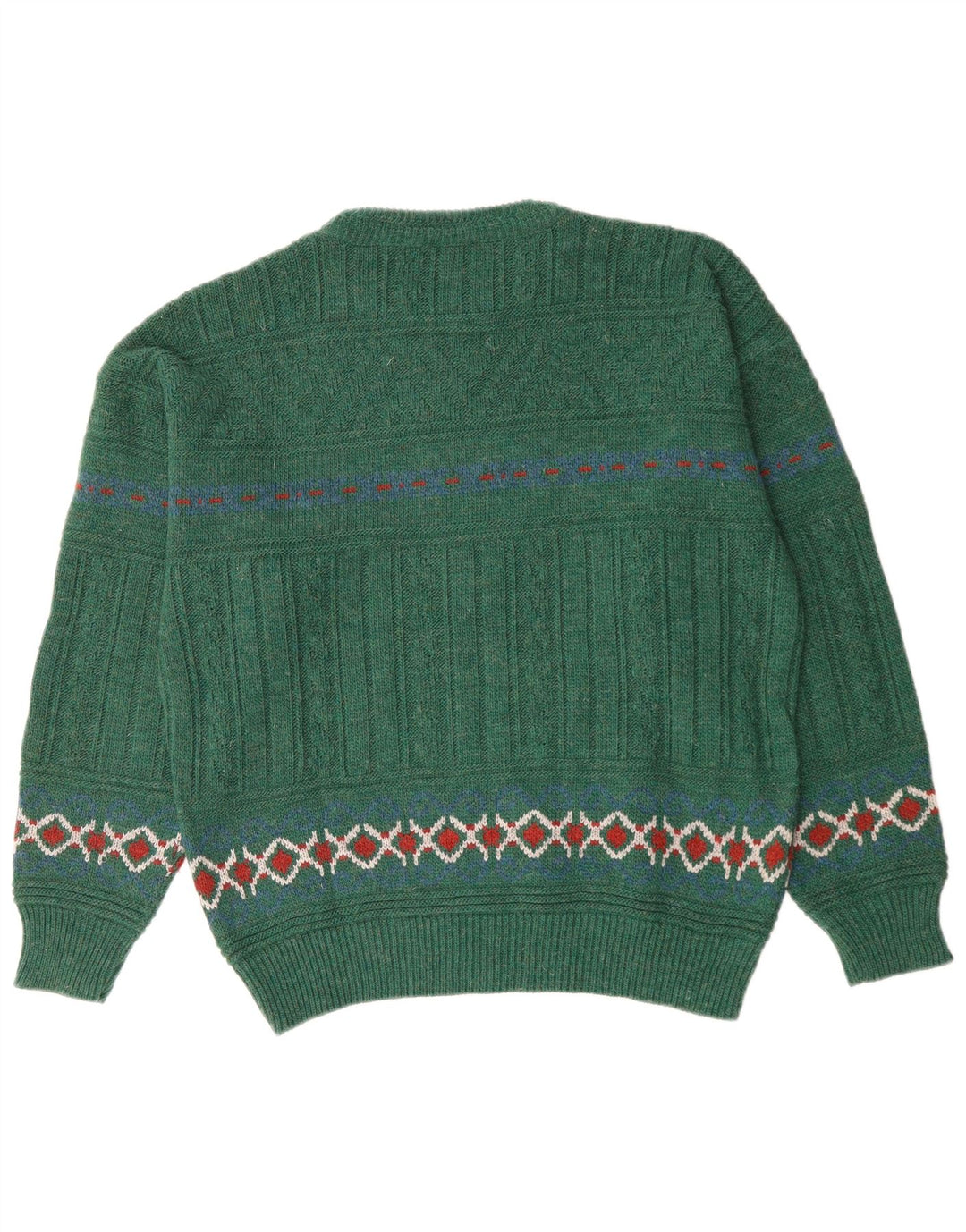 Vintage Mens Crew Neck Jumper Sweater Medium Green Fair Isle Wool