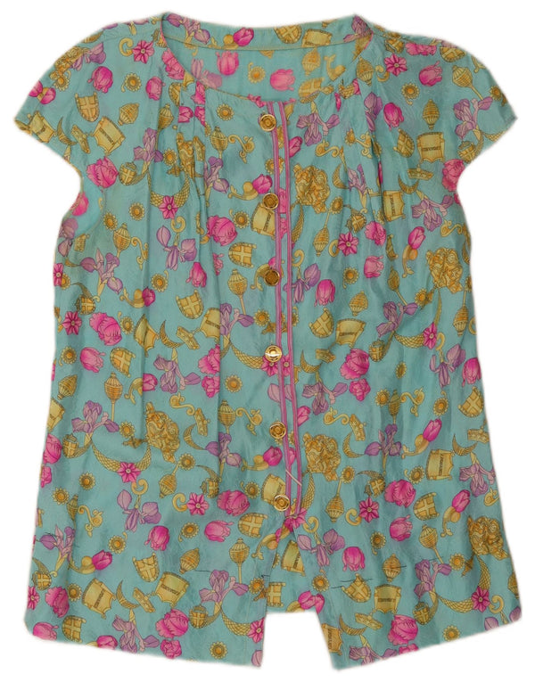 Vintage Womens Short Sleeve Shirt Blouse UK 10 Small Turquoise Floral