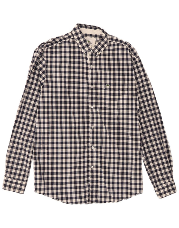 Lacoste Mens Regular Fit Shirt Size 40 Medium Navy Blue Gingham Cotton