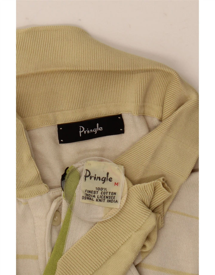 Pringle Mens Polo Shirt Medium Beige Striped Cotton