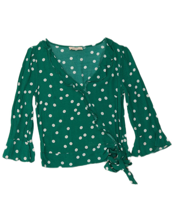 Oasis Womens Crop 3/4 Sleeve Blouse Top UK 8 Small Green Polka Dot