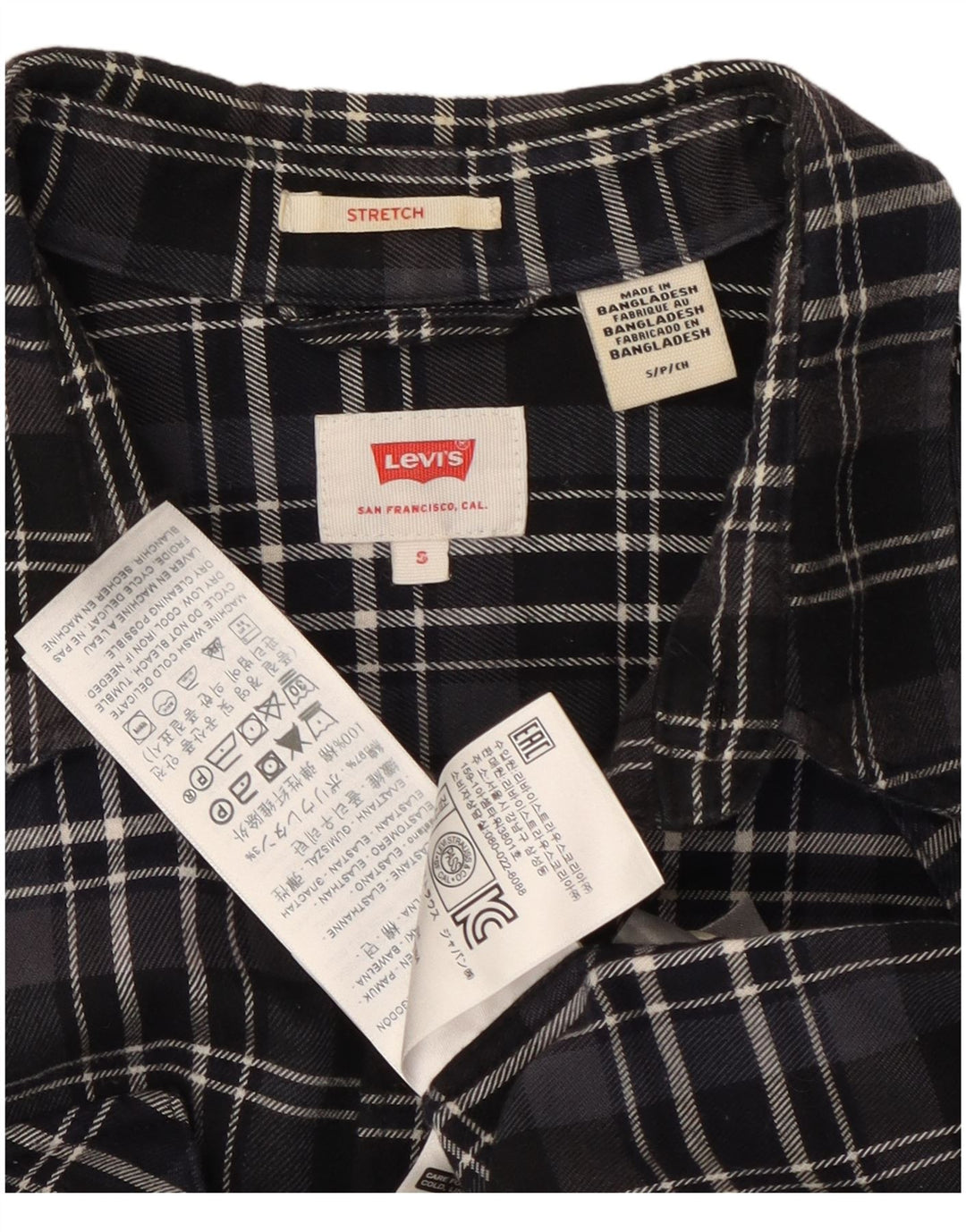 LEVI'S Mens Stretch Flannel Shirt Small Black Check Cotton