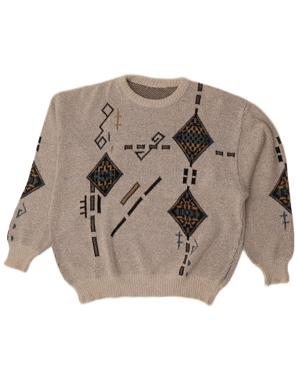 Vintage Womens Boat Neck Jumper Sweater UK 18 XL Grey Geometric