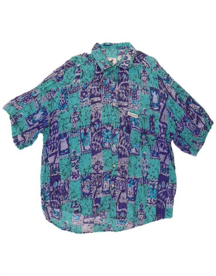 VINTAGE Mens Short Sleeve Shirt XL Blue Patchwork Cotton