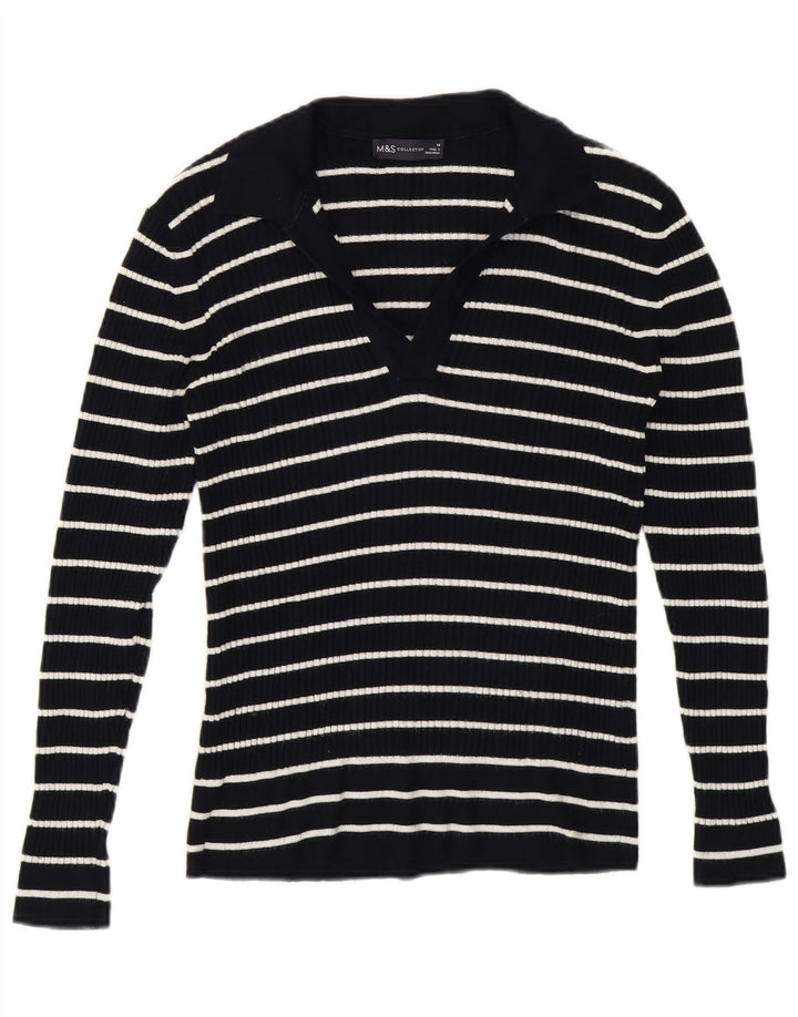 Marks & Spencer Womens Polo Neck Jumper Sweater UK 14 Medium Blue Striped
