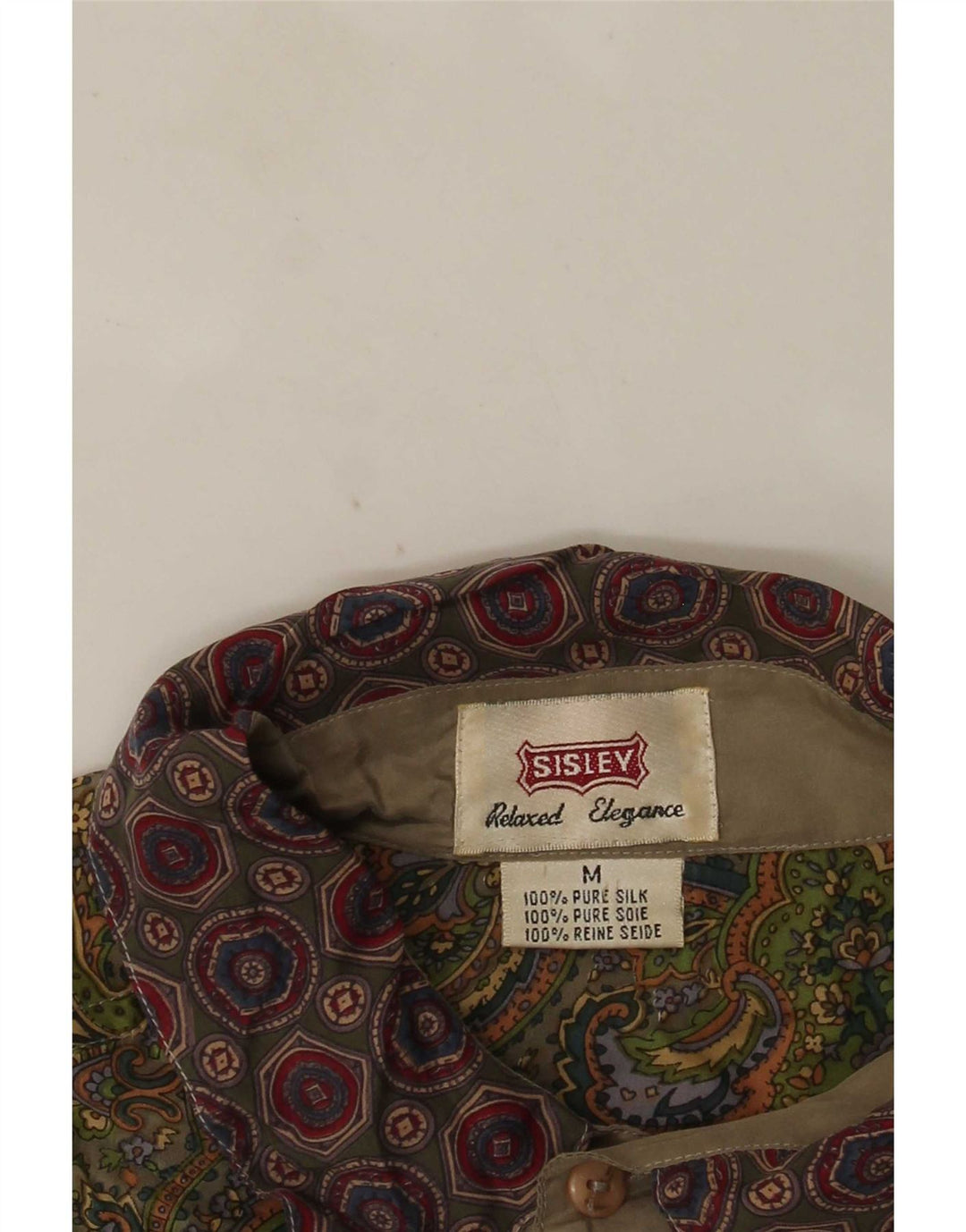 Sisley Mens Short Sleeve Shirt Medium Beige Paisley Silk