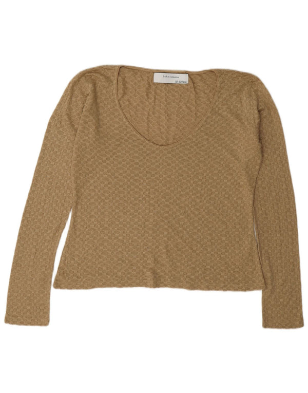 Zara Womens V-Neck Jumper Sweater UK 16 Large Beige Acrylic