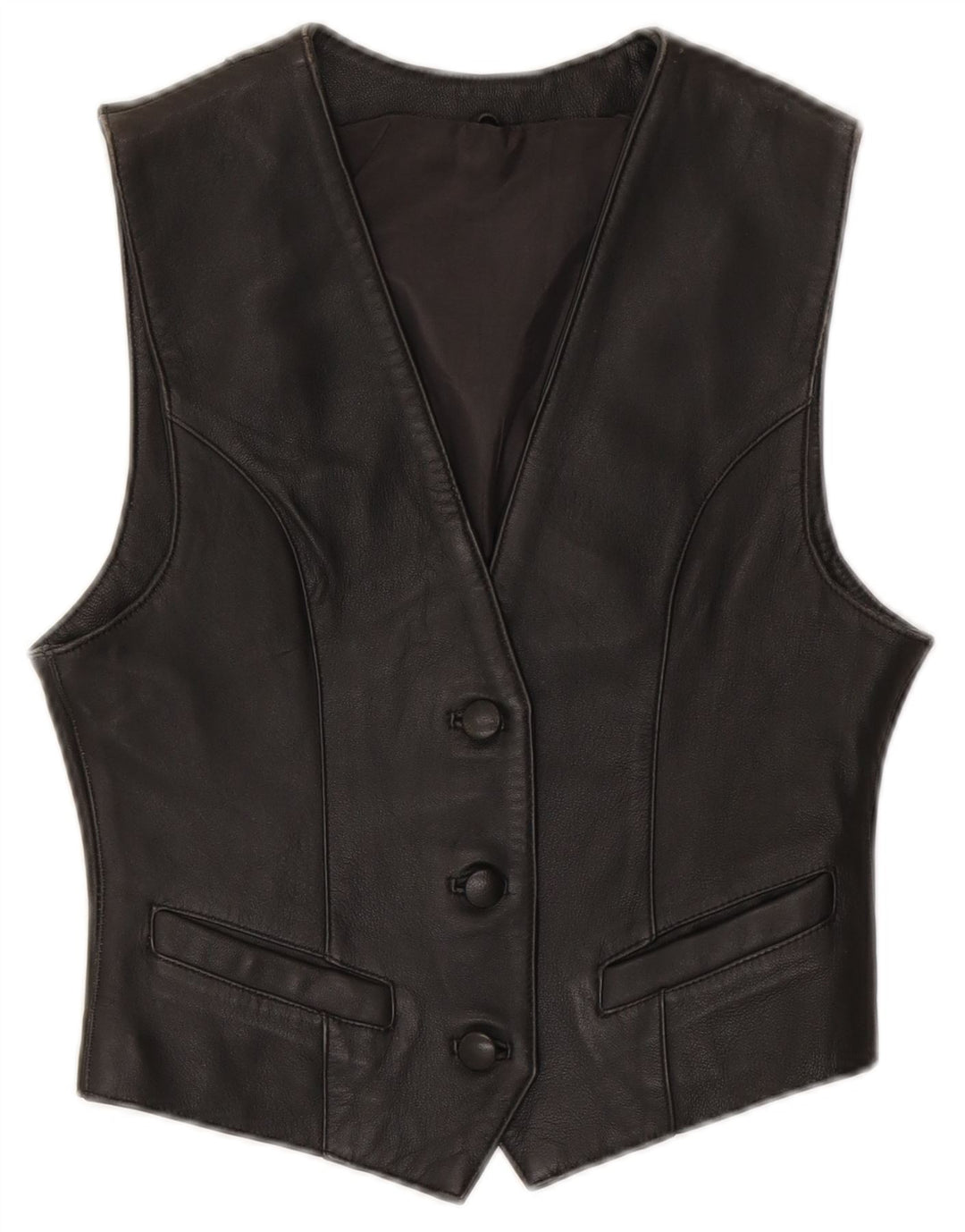 VINTAGE Womens Leather Waistcoat EU 34 XS Black Leather