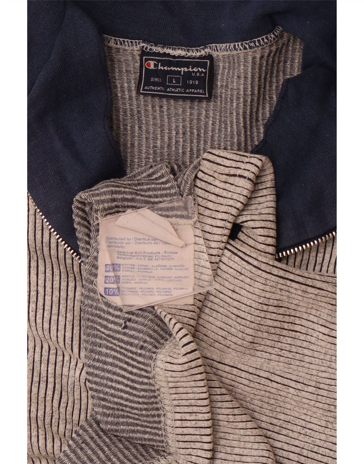 CHAMPION Mens Zip Neck T-Shirt Top Large Grey Pinstripe Cotton