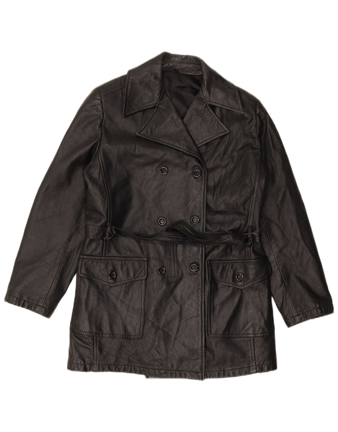 VINTAGE Womens Double Breasted Leather Coat IT 44 Medium Black Leather